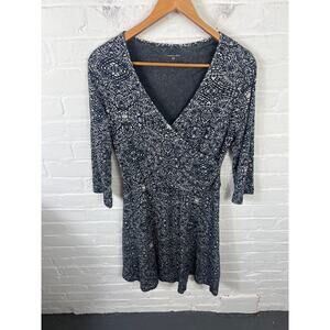 Garnet Hill Women's Floral Print Wrap Dress Long Sleeve Black/White Size Large